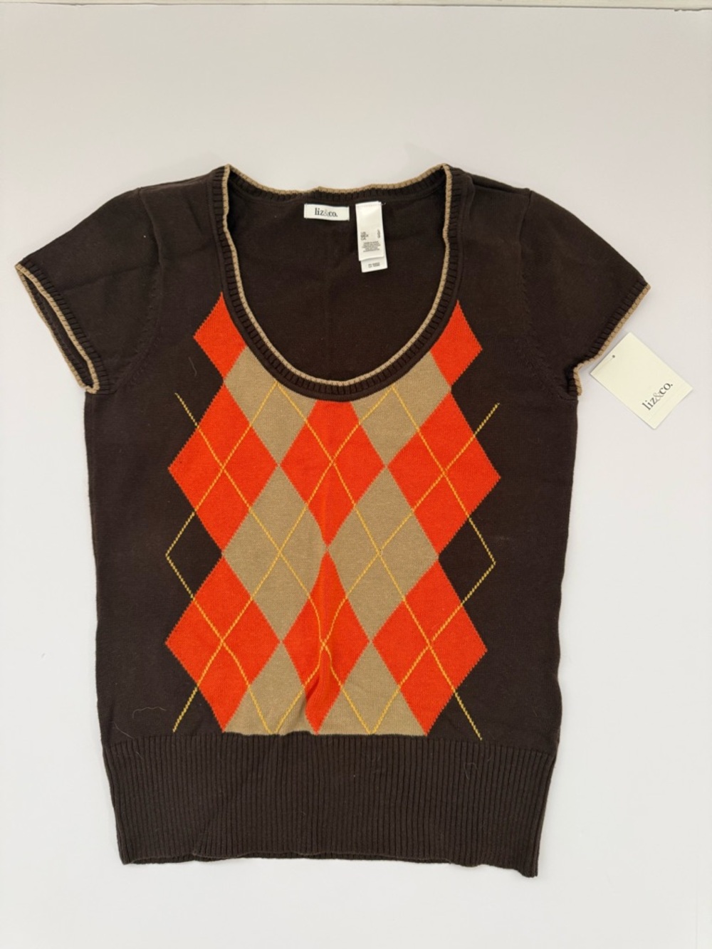 NWT! Liz Claiborne Liz & Co Chocolate Brown Argyle Short Sleeve Sweater Top